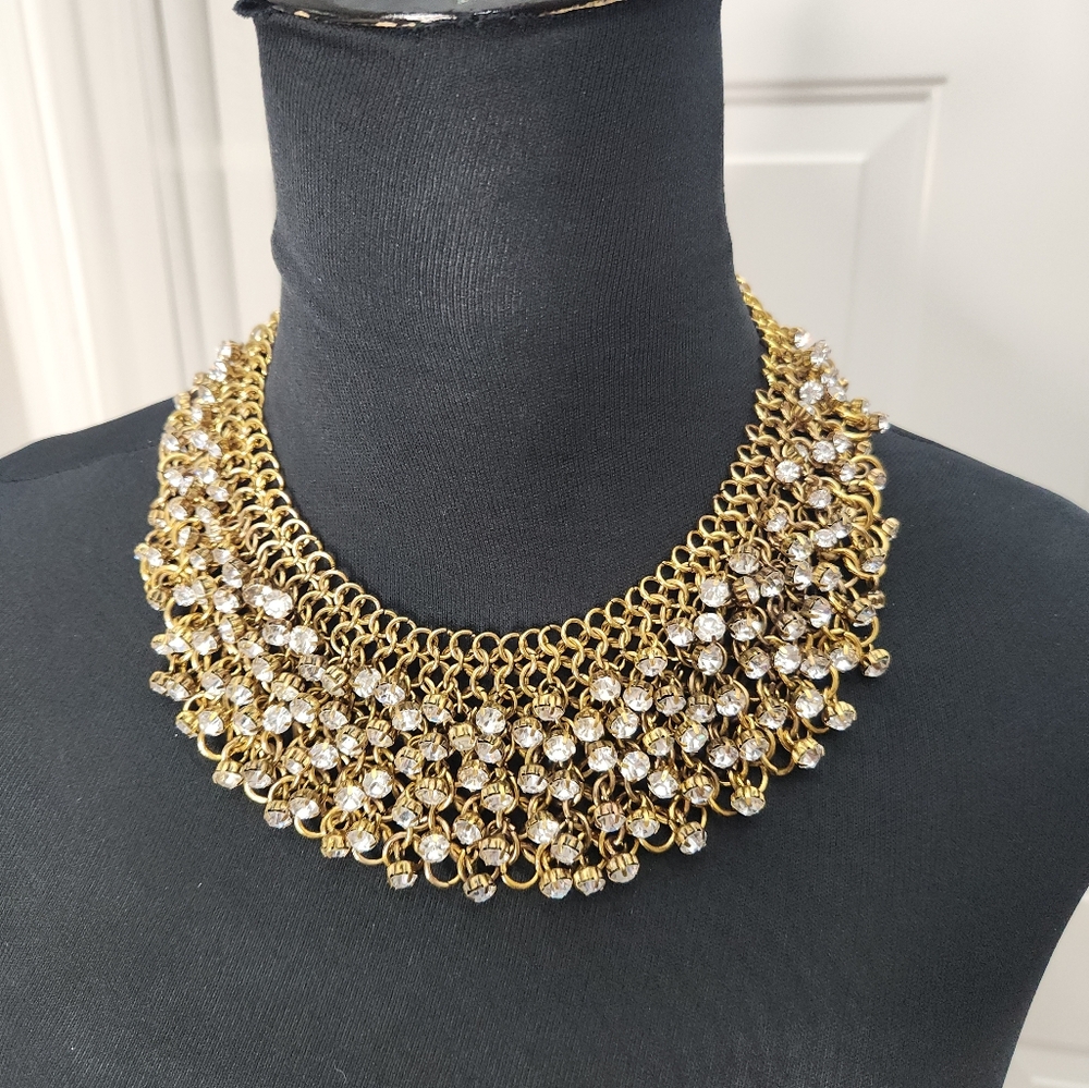 Bridal or Prom Gold Tone and Round Glass Rhinestone Style Necklace